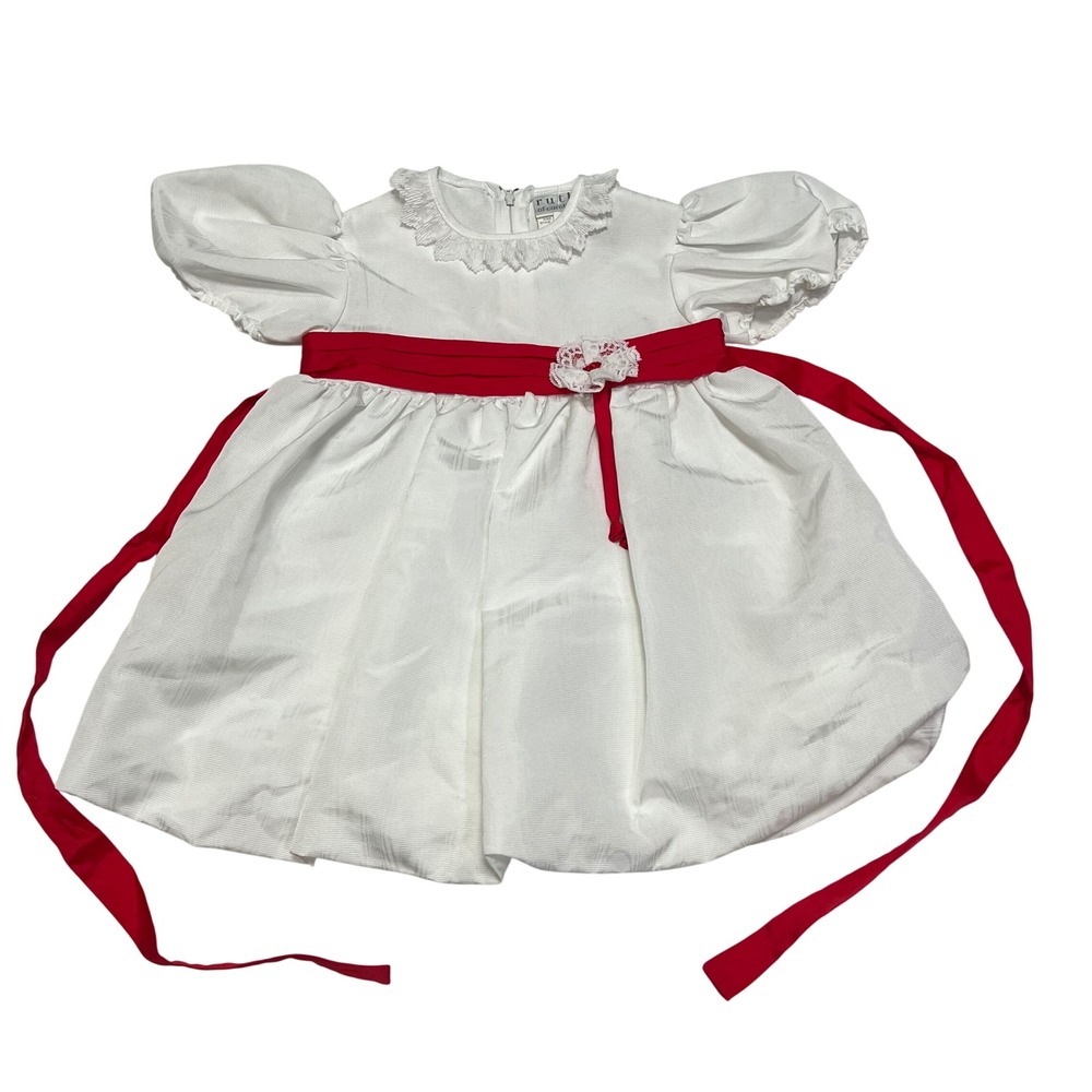 VINTAGE Ruth of Carolina Holiday Dress 4T Girls White Red Sash Lace Formal